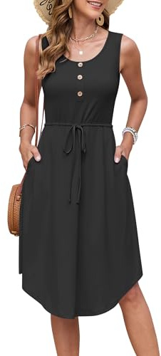 AUSELILY Sommarklänningar dam lätt ärmlös dragsko hög midja strandklänningar knälång knäppt midiklänning tunika klänning elegant fritidsklänning med fickor | Klänningar med rund hals strandklänning elegant midiklänning vardagliga klänningar med fickor