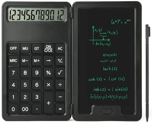OFFCUP Taschenrechner mit Notizblock, Taschenrechner klein mit 5 LCD Schreibtafel und Stift, Schulrechner mit Akku Tragbar 12 Stellen Große Empfindliche Tasten für Schule Büro Zuhause