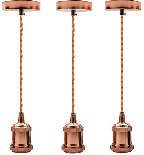 3 Pack E27 Pendant Light Fitting with 95cm Adjustable Braided Cable | Industrial Vintage Ceiling Hanging Lamp Holder & Ceiling Rose for Kitchen Island, Dining Room, Café & Bar