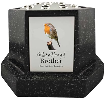 In Loving Memory Of Memorial Octagon Rose Bowl Grave Marker Flower Pot Vase With Robin Design Mum Dad & Lots More Black/Silver (UV PRINTED) (Brother)