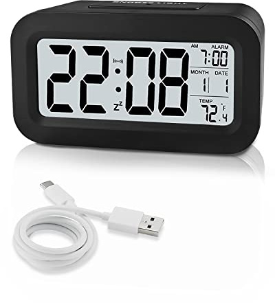 MOXTOYU Digital Alarm Clocks, Rechargeable Alarm Clocks Bedside Battery Powered with Adjustable Brightness, 12/24Hours Date, Temperature Display Snooze Function, for Bedroom Home Office Travel, Black