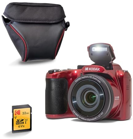 Kodak Pixpro AZ255 16 MP Bridge-kamera med 25x optisk zoom + skyddsfodral + 32 GB SD-kort - Full HD-video 1080p, 24 mm vidvinkel, stabilisator, 3 LCD-skärm - röd