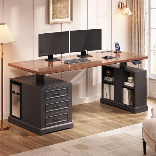 SEDETA Farmhouse Electric Standing Desk, 63 Height Adjustable Computer Desk with 3 Drawers, Storage Shelves, Power Outlets, Wood Home Office Stand up Desk for Work, Study, Writing, Black