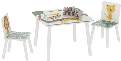 AIYAPLAY Barnbord med stol, set med 2 barnstolar i trä för att rita, leka, studera, djurmotiv, för sovrum, barnkammare, lekrum, flicka och pojke 3–8 år, grönt