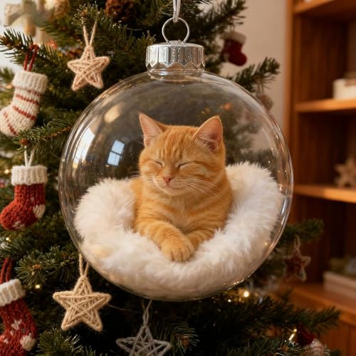Niedliche Katzen-Weihnachtsanhänger aus Glas, Katzen-Weihnachtskugeln aus Glas im Schnee, 3D-Tierdekoration für Katzenliebhaber, Tischdekoration für Weihnachtsfeiern (Color A 1pcs)