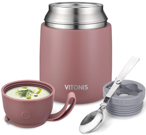 VITONIS Thermobehälter für Essen 500ml Edelstahl Isolierbehälter Gefäß für warme Speißen, Essen, Suppe, Isolierbehälter mit Löffel Thermo Gefäß,Staubiges Rosa