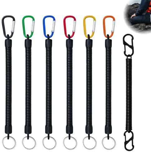 7 portachiavi a spirale con moschettone bifacciale, corda di sicurezza elastica allungabile in 6 colori, cavo a spirale e cordino da pesca per il fissaggio sicuro degli attrezzi