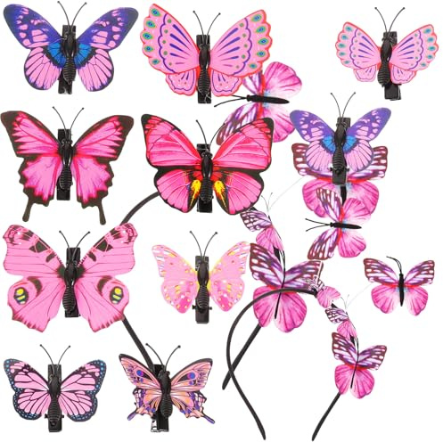 3d-schmetterlings Haarspangen 11 Stück Rosa für Kostüme | 1 Stirnband und 10 Clips, Stoff und Kunststoffdetails, als Fotorequisite für Party und Mädchen Zufälliger Stil