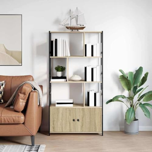 Generico Libreria a Scaletta Rovere Sonoma 80x30x155,5 cm in Legno Multistrato con Telaio in Acciaio e 2 Porte
