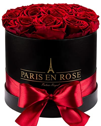 PARIS EN ROSE Rosenbox | mit 14 bordeauxrote Infinity Rosen Größe XL | konservierte ewige Rose | Schwarze Box mit Schleife | 3 Jahre haltbar | Grußkarte
