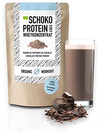 Organic Workout BIO SCHOKO-PROTEINPULVER AUS WHEY-PROTEIN-KONZENTRAT – bio, lower-carb, Eiweiß-Pulver, mit purem Kakao, mit Erythrit, Premium Molkeprotein, aus Weidehaltung, 450 g