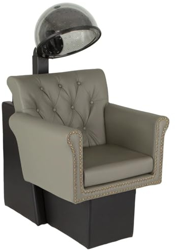 Buy-Rite Chelsea Dryer Chair Combo – Gray Tufted Salon Chair with 980W UL/CSA Hood Dryer, Nailhead Trim, Adjustable Heat/Timer, 36 D x 27.5 W x 35 H, Model NIN-9902DC.