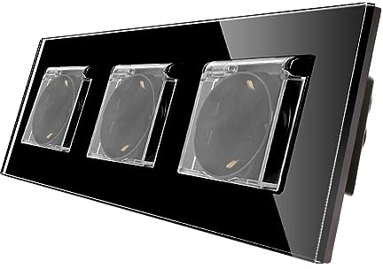 CNBINGO Glas Schuko Steckdose unterputz - mit wasserdichtem Deckel und Glasrahmen - Wandsteckdose dreifach in Schwarz - Geeignet für Waschräume, Küchen