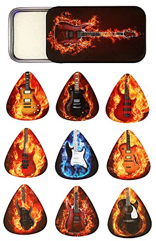 Tin of 9 Flaming Guitar Plectrums - Double sided - Harmony Picks