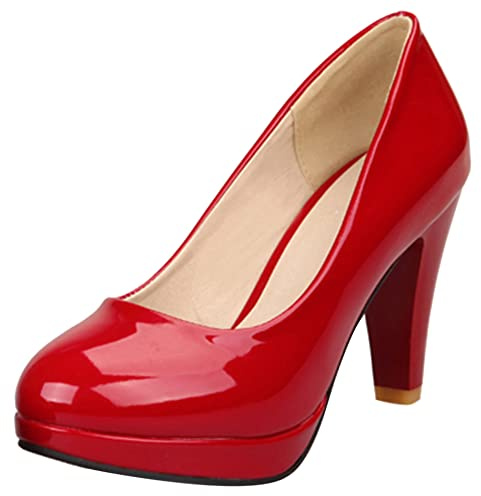 Décolleté con Tacco a Cono da Donna, Pompe al Tallone Alto Punta Rotonda Senza Chiusura Scarpe da Sera con Plateau Moda Dweoxy Rosso Numero 42 EU