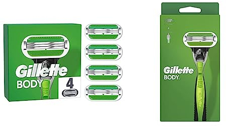 Gillette Body Rasierklingen für Männer, 4 Ersatzklingen, Body Rasierklingen mit 3 Klingen, die stärker als Stahl sind & Body Rasierer Herren, Nassrasierer + 1 Rasierklinge mit 3-fach Klinge