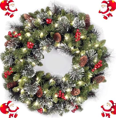 16 Inch Outdoor Light Up Christmas Wreath with 30 LED Lights for Front Door and Holiday Parties