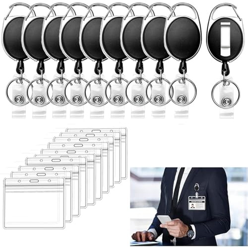 RXKFIGX 10 stycken infällbar ID-korthållare med karbinhake ID-kort badge clips spolar med badge hållare klämma nyckelring utdragbar ID-korthållare