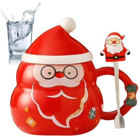 FASSME Weihnachtskaffeetasse, Weihnachtstasse - 500 ml Milchbecher aus Keramik mit Weihnachtsmützendeckel und Weihnachtsmannlöffel - Saftbecher mit für heißen Kaffee, Tee