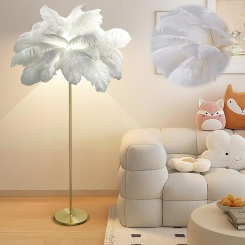 LDIEUWUET Moderne Straußenfedern Stehlampen,160 cm Hohe Federlampe Stehlampe Led Dimmbar, Goldene Stehlampe, 3 Farben Dimmbar Mit G4-Glühbirne, Stehlampe Für Schlafzimmer Esszimmer Wohnzimmer (White)