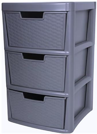 ALEEZ - Large Plastic Drawer Storage Unit - Rattan Effect 3 Drawer Cabinet - Multipurpose Storage Organiser - Office, Tabletop Desktop Drawer - Bedroom Chest Drawer Unit - (Grey, 3 Drawer)