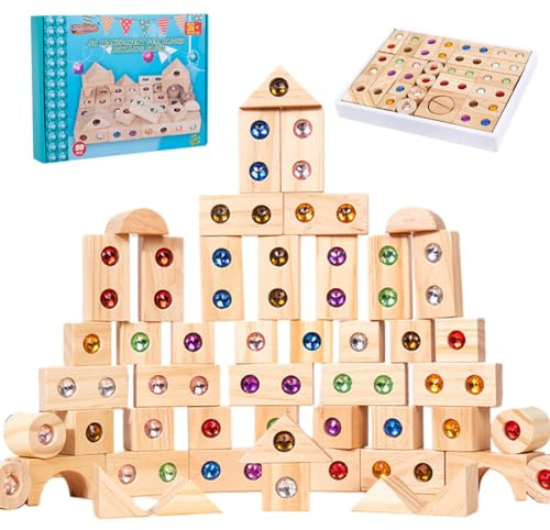 Piashow Sensorik Bausteine, Regenbogen Bausteine Holz, Regenbogen-Stapelblock Stapelspielzeug, Sensorische Bausteine für Kinder, Sensorik-Konstruktionsspielzeug für jungèn (50)