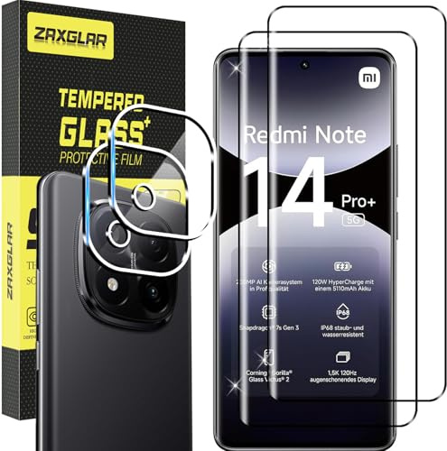 ZAXGLAR Protector Pantalla para Xiaomi Redmi Note 14 Pro Plus 5G Cristal templado,2 x Protectores de Pantalla + 2 x Protectores de Lente de Cámara,Sin burbujas y duradero