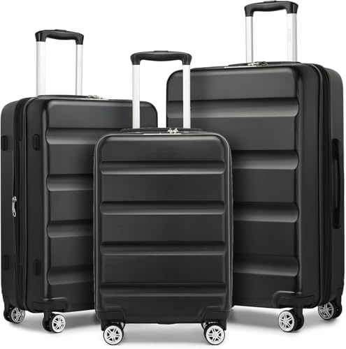 Kono 3-Piece Luggage Sets | Expandable Hard Shell PC+ABS Suitcase with TSA Lock | Lightweight & Sturdy Travel Suitcases with 4 Spinner Wheels (20, 24, 28) - Black