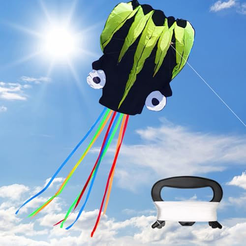XIMEY Aquilone, Polpo 5.5m, Grande, Aquilone Professionale Adulti con Coda Lunga, per Bambini da 8 Anni, Arcobaleno (Nero e Giallo)