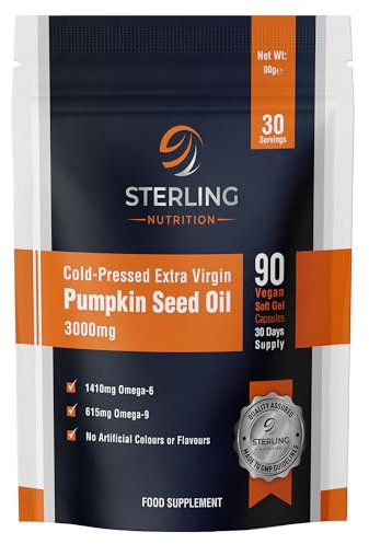 Cold Pressed Extra Virgin Pumpkin Seed Oil Capsules - 90 Vegan Softgels for Adults, (30 Days) | High Strength 3000mg - Omega 6 & 9 for Prostate, Urinary, Hair & Heart Support | STERLING NUTRITION