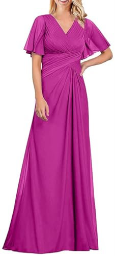 WSEYU Vestidos de dama de honor de gasa con cuello en V y mangas para boda, vestidos formales largos, fucsia, 44