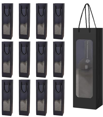 YUNXCNA vinflaskpåse av kraftpapper, presentpåse flaska flaskpåsar, flaskpåsar presentpåsar med handtag, kraft vinorganis, presentpåsar, för bröllop, fest, Svart 12-pack, 9.5 x 9 x 35 cm, Modern stil