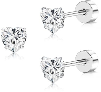 FACOKO Women's Heart-Shaped Stud Earrings Cubic Zirconia Stud Earrings 4mm Titanium Screw Back Flatback Studs Valentines