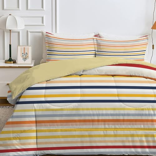 Qiwagu Weiß Bettdecke 135x200 4 Jahreszeiten, Farbige Streifen Wende Steppdecke Waschbare, Bettdecke ohne Bezug Nutzbar, Schlafdecke Leicht Weiche, Ganzjahresdecke mit 1 Kissenbezug, C462