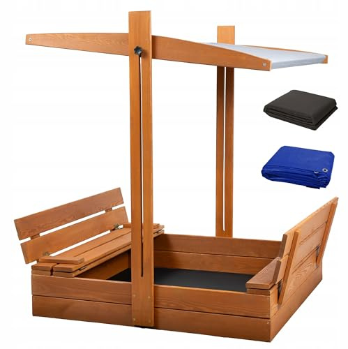Sandkasten Imprägniert mit Dach Sitzbank iSonnenschutz UV-Schutz Sandbox mit Abdeckung mit Sitzbänken mit Plane Sandkiste Holz 100x100 (100x100 Dach Grau)