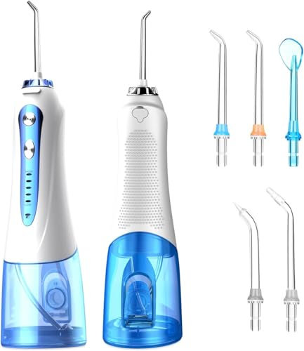 Irrigatore orale senza fili, 300 ml, risciacquo da viaggio, 5 modalità e 5 ugelli, irrigatore orale elettrico, IPX7, impermeabile, ricarica USB (blu/bianco)