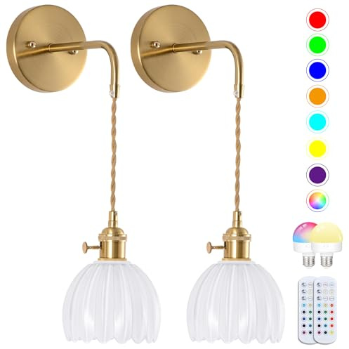 Vintage Battery Operated Wall Sconces Sets Of Two, Indoor not Hardwired Milky White Tulip Glass Lampshade Fixtures, Rechargeable Wireless RGB Wall Lights with Dimmable Remote, for Bedroom Living Room
