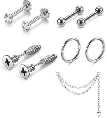 PiercingJak Helix Piercings Silber Chirurgenstahl Ohrringe für Damen Herren | 16G 8mm Segmentring, CZ Labret Ohrringe, Schraube Ohrstecker, Barbell Stecker, mit Spitze Kette, für Ohr Tragus Conch, 4 Paar
