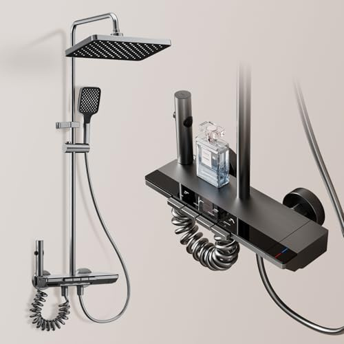 Regendusche mit Armatur Set, Duscharmatur Komplettset - Quadratischem Duschkopf, Handbrause, konzentriertem Strahl und Wannenarmatur, Verstellbarer HöHe