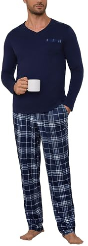 Litherday Pigiama Uomo Lungo Cotone Pigiami Due Pezzi con Scollo a V e Quadri Pigiama Invernale Caldo Loungewear