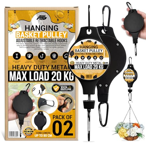 AHG 2 Pack Hanging Basket Pulley Hooks | Adjustable Retractable Plant Hanger Pulley for Hanging Baskets, Bird Feeders & Garden Decor | Heavy Duty Metal Pulley System, Max Load 20kg