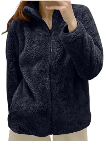 Sudadera Forro Polar para Mujer Cálida con Cremallera Chaqueta Invierno Corta Sin Capucha Color Liso Abrigo Peluche