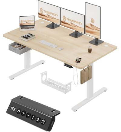 TRIUMPHKEY Scrivania elettrica sollevabile 160 x 80 cm, scrivania sollevabile con cassetto in tessuto pieghevole, tavolo sollevabile, scrivania a doppia traversa e pannello di controllo con USB per