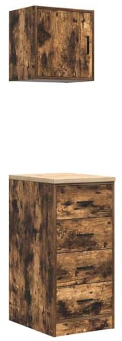 Lot de 2 armoires de garage en bois de chêne fumé avec porte battante et tiroir, armoire de rangement pour garage, cave, bureau, casier polyvalent avec étagère et verrouillable pour