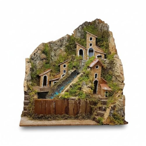 CHIANESE Ruscello con Casette per Presepe 20x14x19 cm, Cascata Decorativa Funzionante con Pompa a Immersione 2,5W, Accessorio Presepe con Acqua per Scenario Natalizio