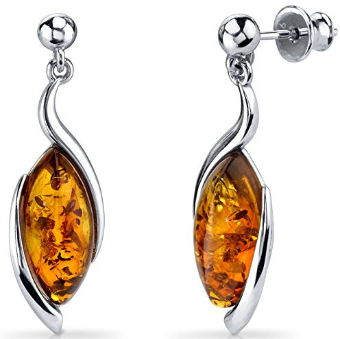 Peora Genuine Baltic Amber Earrings for Women 925 Sterling Silver, Floating Marquise Twist Design, Rich Cognac Color, Friction Backs, Real Baltic Amber Earrings for Adults,