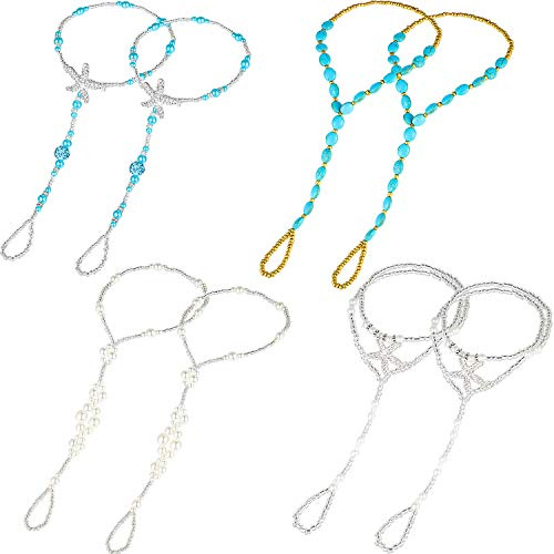 Yaomiao 4 Pairs Foot Jewelry Sandals Anklet Toe Rings Barefoot Chains Starfish Pearls Turquoise Beaded Elastic for Women Wedding Beach Wearing