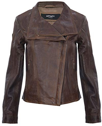 Infinity Leather Giacca in Pelle da Donna Marrone Giacca in Vera Pelle con Scialle Stile Biker Classico M