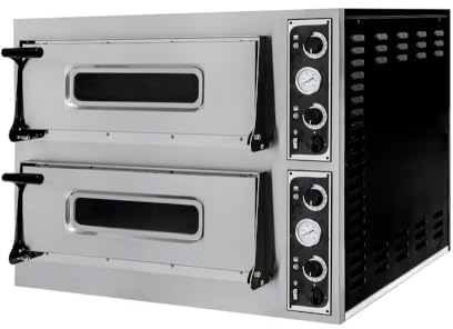 HENDI Four à Pizza BASIC 44, 2 Chambres pour 8 Pizzas Ø32 cm, 50–450°C, Commandes Analogiques Indépendantes, Briques Réfractaires, 9400W/400V, 975x930x(H)742mm, Acier Inoxydable