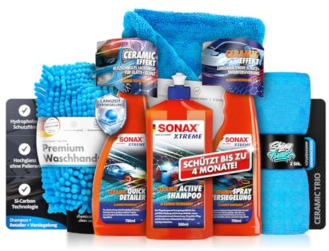 Versiegelungs Set: SONAX XTREME Ceramic SprayVersiegelung 750ml + Ceramic QuickDetailer 750ml + Ceramic ActiveShampoo 500ml – Versiegelung, Pflege & Finish im Set inkl. Zubehör